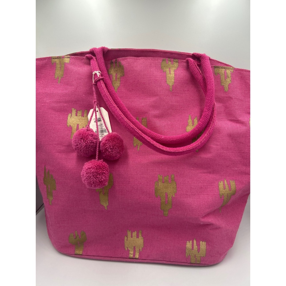 Mud Pie Pink Gold Ikat Cactus Jute Tote Bag Pom Pom Beach Summer Travel Bag NWT